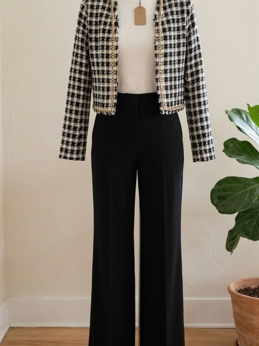 Fashion Nova Black White Tweed blazer with Gold chain accents